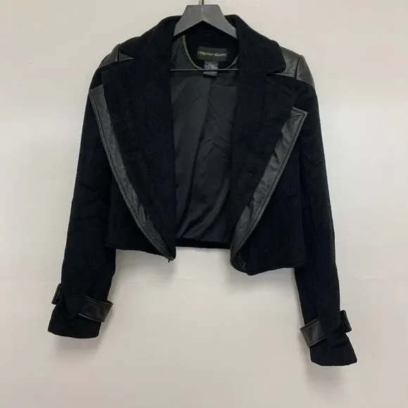 Christian Siriano Wool Leather Trim Black Biker Cropped Jacket Size 2 - Picture 1 of 5